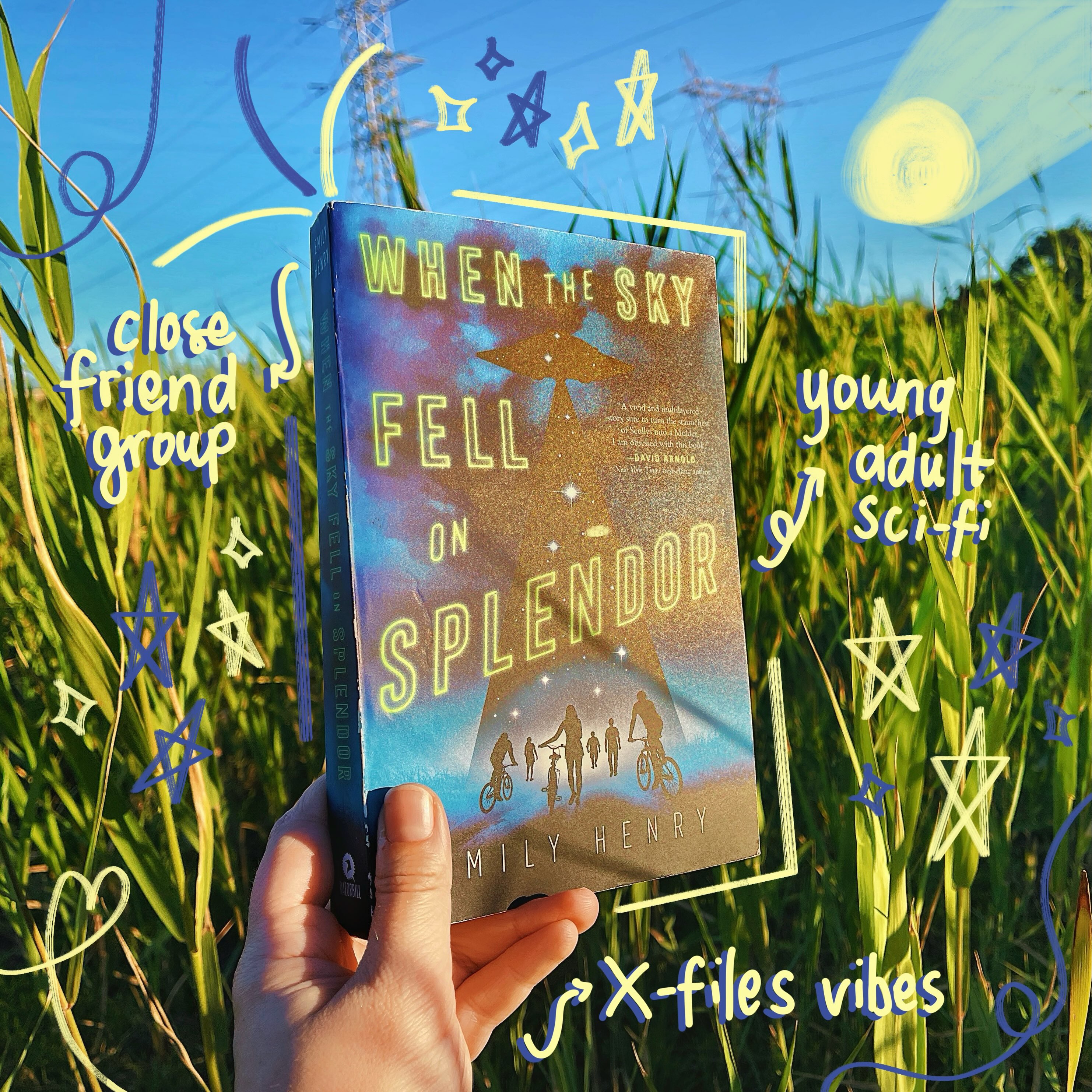 🛸 hi hello friends? What books have been on your TBRs forever?

I’ve lost count of the comeback attempts but at this point I don’t even care because this review is so long overdue. And guess what this time its not because it’s been sitting in drafts, but instead because I FINALLY READ THIS BOOK 😭

Oh yes folks, I finally read ‘WHEN THE SKY FELL ON SPLENDOR’ by Emily Henry and she really can do no wrong. The haters cango argue with a wall because I LOVED this and I’m here to convince you to not only read EmHen’s YA books bc yes she does have them but also you should read this. Especially if you love The X-Files, which I coincidentally was watching when I started this book and its just🤌🏻

This is a YA sci-fi (sorta) follows a group of friends in a small town, who were brought together during a town tragedy. They’ve banded together to film weird going-ons in their town, until one day a bright light crashes down from the sky and things start to get even weirder… Would you believe me if I said that the entire plot made no sense, can’t be explained, nobody has a solution, and in all honestly will you ever learn what truly happened? But EH writes the extraordinary into the ordinary and it’s what makes this book so great 🚲

I don’t kid when I say the friend group is hodge-podge, these teens have next to nothing in common, but hey, let ’em team up and solve a mystery. I just fell in love with the whole group. This book gave everything that I needed it to give. She might not be your cup of tea, but if anything I described sounds like your vibe, please give this forgotten book a chance 💚

The most big thank you (and apology omg) to @penguinbookssouthafrica for gifting me this review copy, adore you into outer space! You can watch my aesthetic reel that I just posted and read more thoughts ON THE BLOG ~ link in bio ✨

Happy reading 📖
xo
Ruby

- - - -
#whentheskyfellonsplendor #emilyhenry #scifibooks #yabooks #yascifi